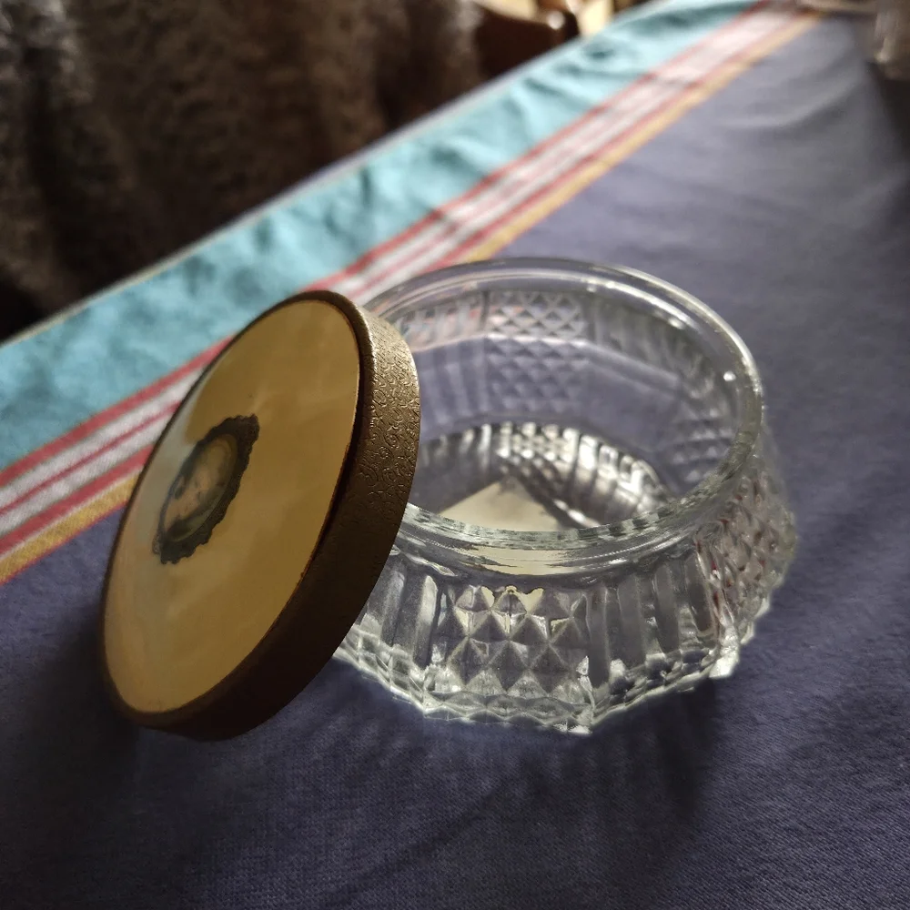 Vintage Glass Vanity Jar with Decorative Cameo Style Lid, Art Deco